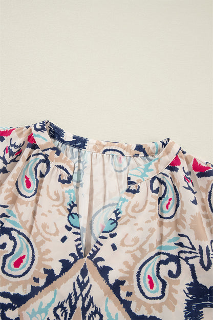 Weiße Bluse mit abstraktem Print und V-Ausschnitt, geschlitzten Halbarm