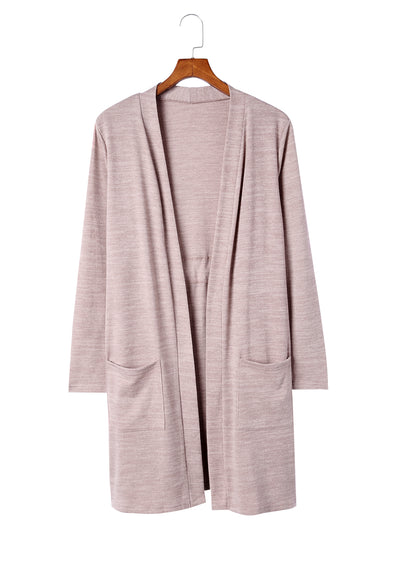 Rosa Tunika-Strickjacke mit offener Vorderseite und Taschen