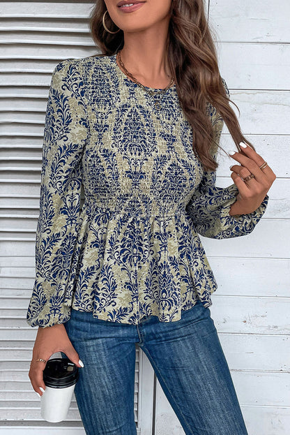 Himmelblaue Boho-Bluse mit Ballonärmeln und gesmoktem Schößchen