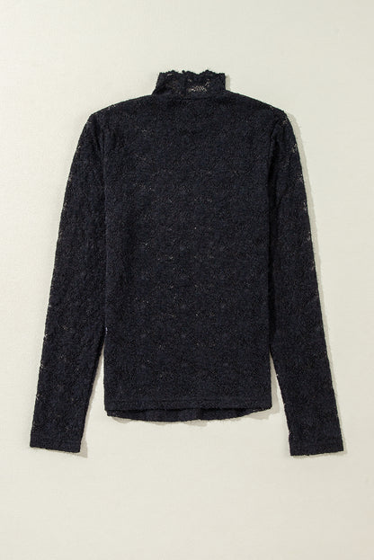 Schwarzes, hochgeschlossenes Langarmtop mit Blumenspitze