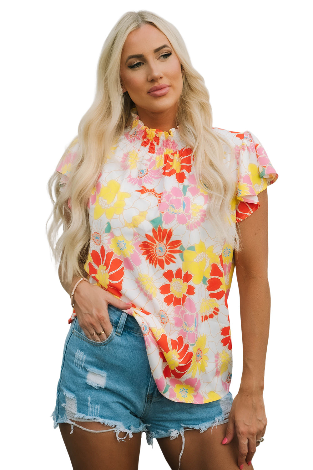 Mehrfarbiges Top mit Stehkragen, Flatterärmeln und Blumenmuster