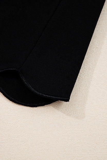 Black Scallop Trim Color Block Long Sleeve Collared Top