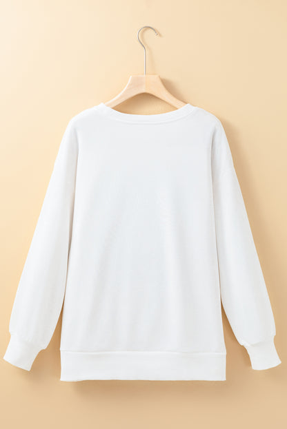 Weißes Lametta-Sweatshirt mit Game Day-Grafik und überschnittener Schulter