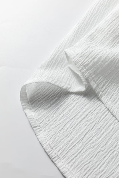 White Crinkled Texture Lantern Sleeve Button Down Loose Shirt