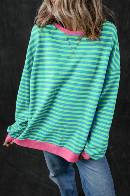 Übergroßes Pullover-Sweatshirt mit himmelblauen Streifen und Kontrastbesatz