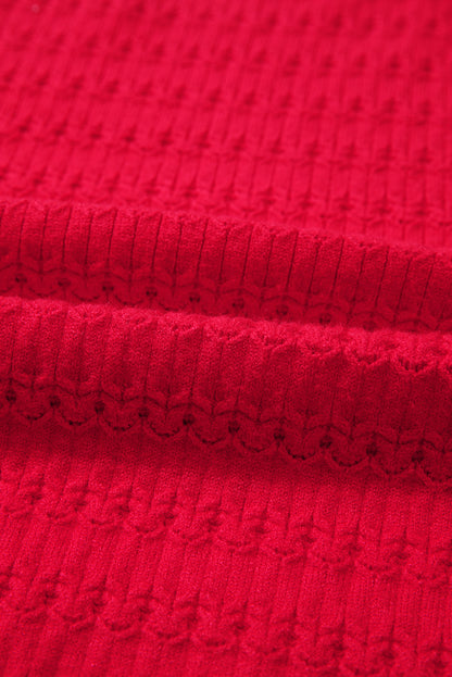 Fiery Red Trendy Pattern Knit Ribbed Cuffs Crew Neck Sweater