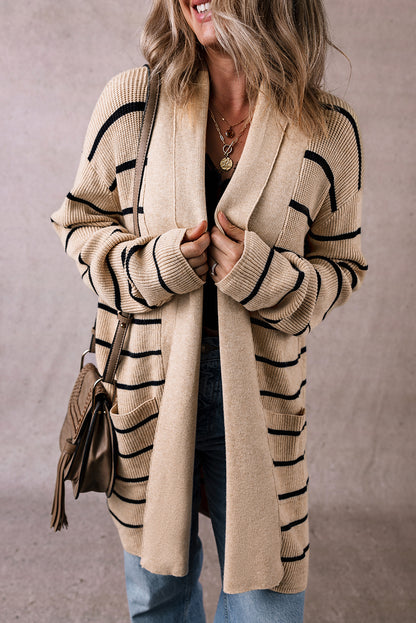 Schwarz gestreifter offener Cardigan mit Schalkragen und Taschen