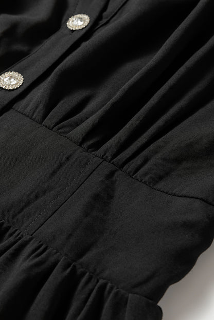 Schwarzes, elastisches, tailliertes, langärmliges Mini-Hemdkleid