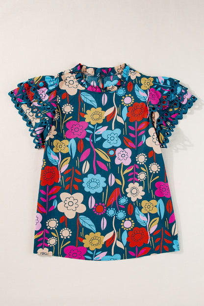 Grüne Sommerbluse mit Rüschenärmeln und Blumenmuster