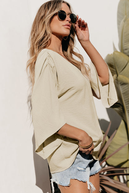 Parchment – Bluse mit V-Ausschnitt und weiten Ärmeln in Knitteroptik