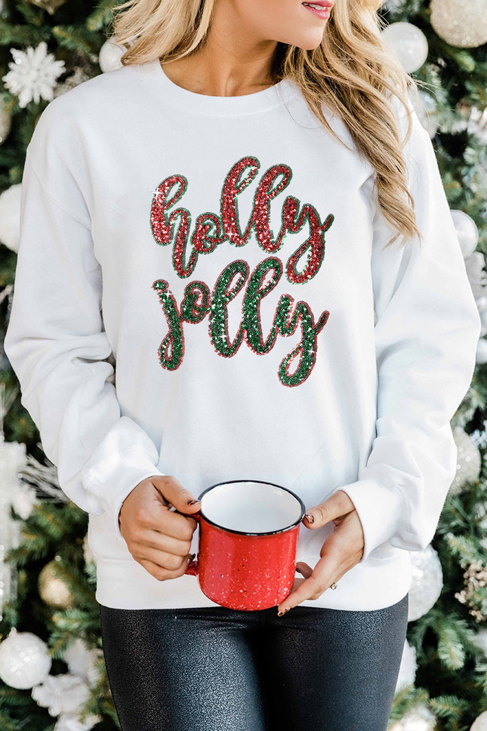 Weißes Weihnachts-Sweatshirt mit Pailletten und Holly Jolly-Grafik