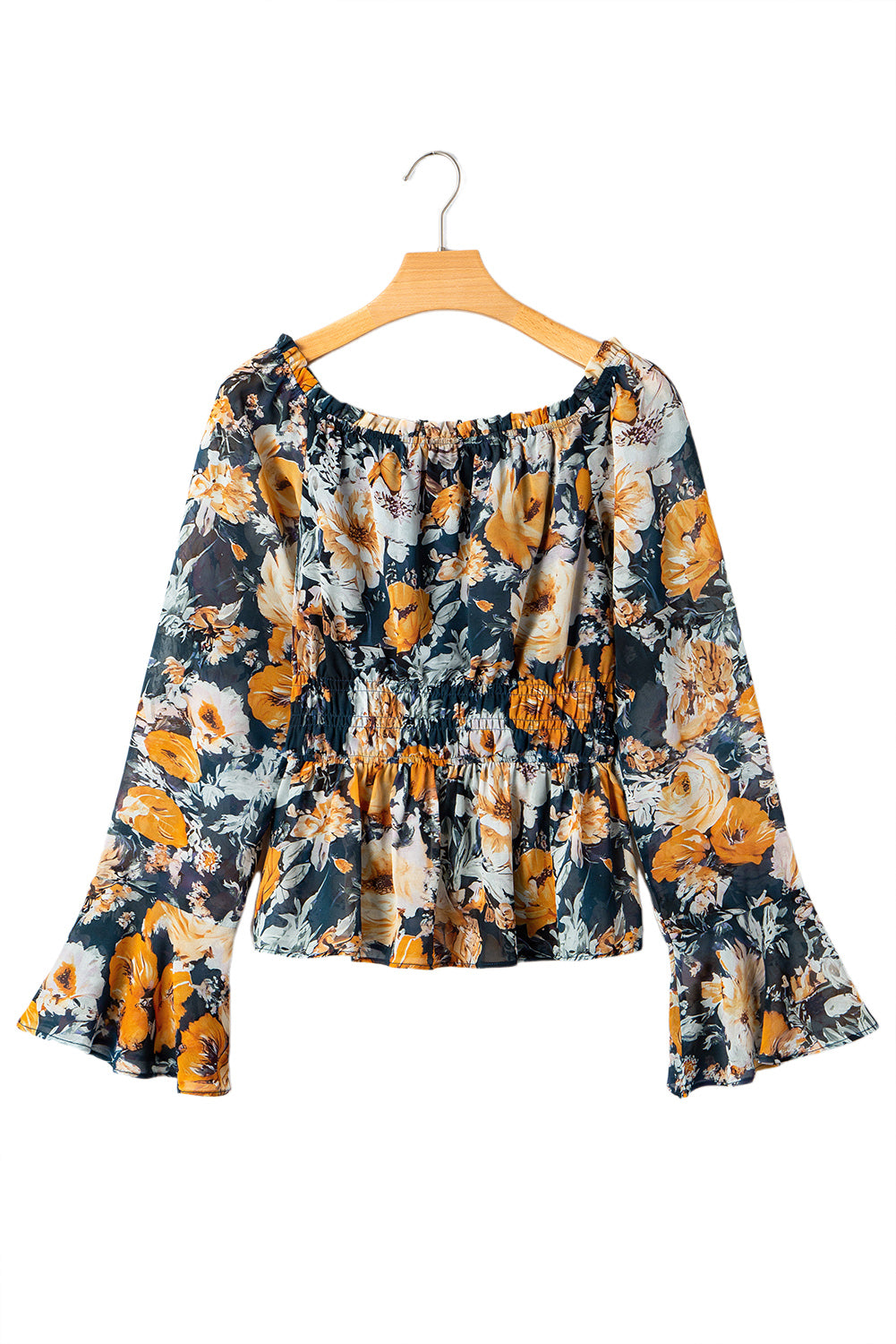 Blue Floral Off Shoulder Bell Sleeve Smocked Peplum Top