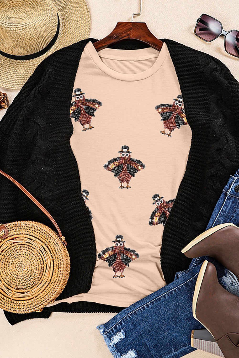 Khakifarbenes Thanksgiving-T-Shirt mit Rundhalsausschnitt und Pailletten