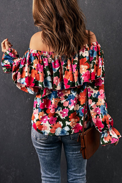 Schulterfreie Bluse mit Blumenmuster und Rüschen