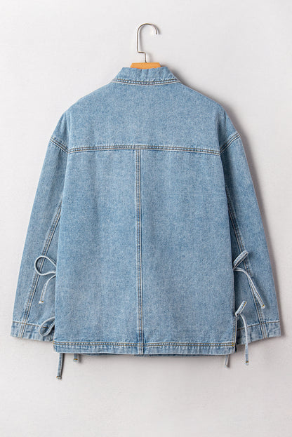 Beau Blue Multi Patched Pockets Side Tie up Boyfriend Style Denim Jacket