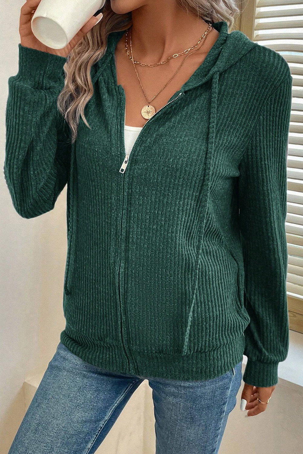 Evergreen – Gerippter Hoodie mit Reißverschluss vorne und Kordelzug