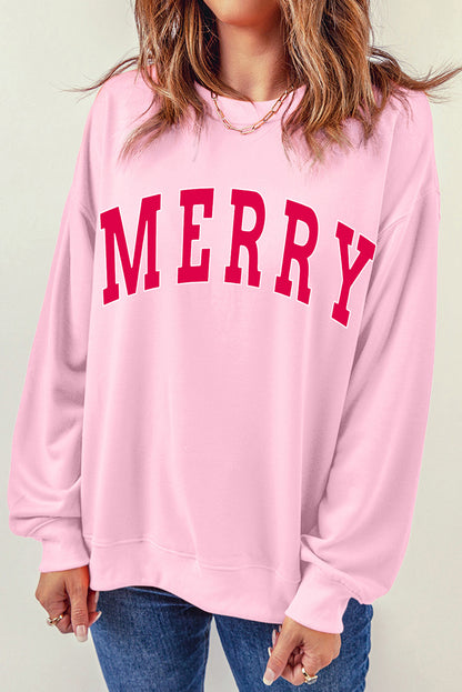 Rosa, locker sitzendes Weihnachts-Sweatshirt mit „MERRY“-Alphabet-Print