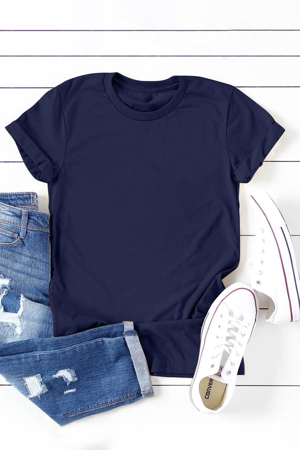 Blaues, einfarbiges T-Shirt mit Rundhalsausschnitt