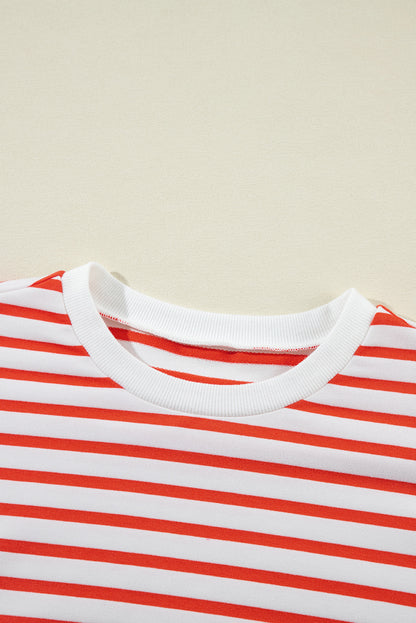 Orange gestreiftes, lockeres Sweatshirt mit überschnittener Schulter und Rundhalsausschnitt