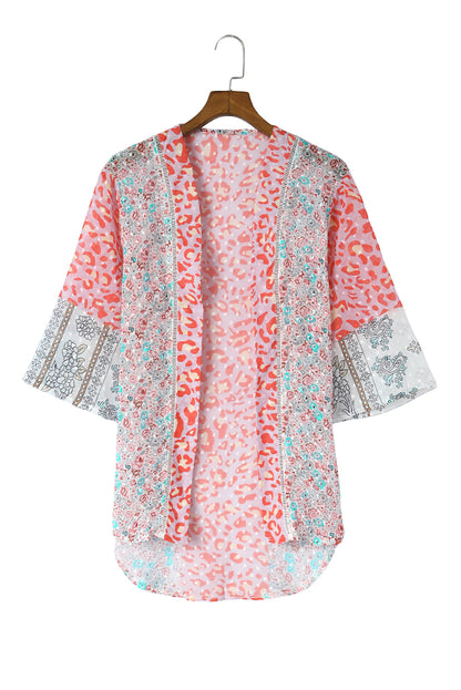 Mehrfarbiger Kimono mit offenem Vorderteil und Glockenärmeln und Leopardenmuster