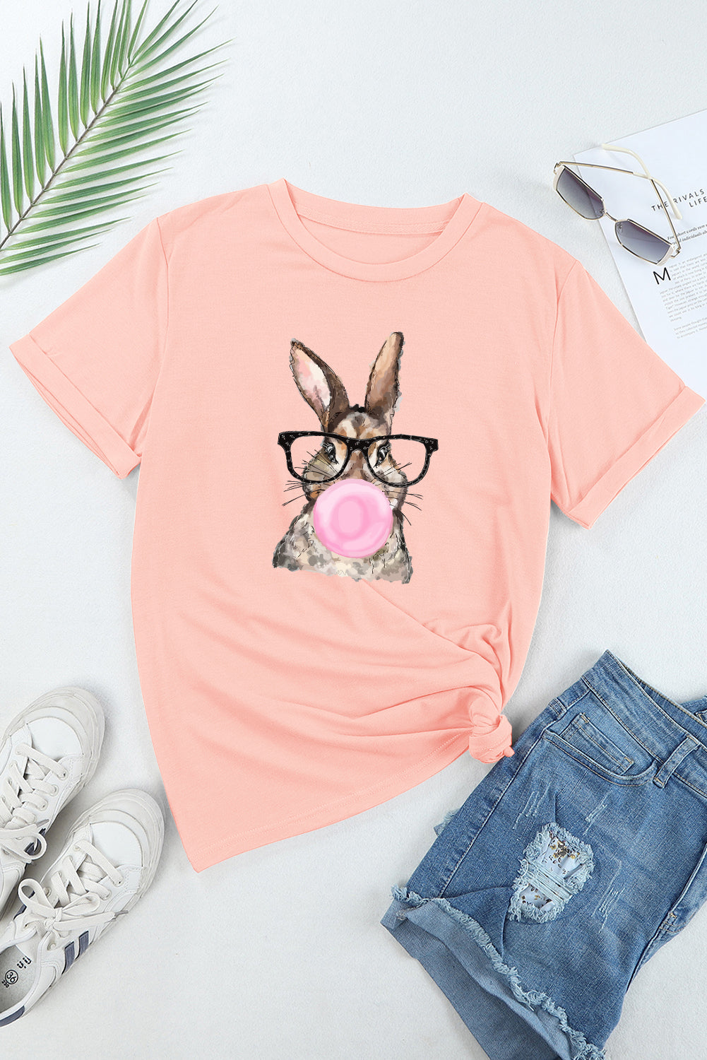 Rosafarbenes, lässiges T-Shirt mit Rundhalsausschnitt und Osterhasen-Print