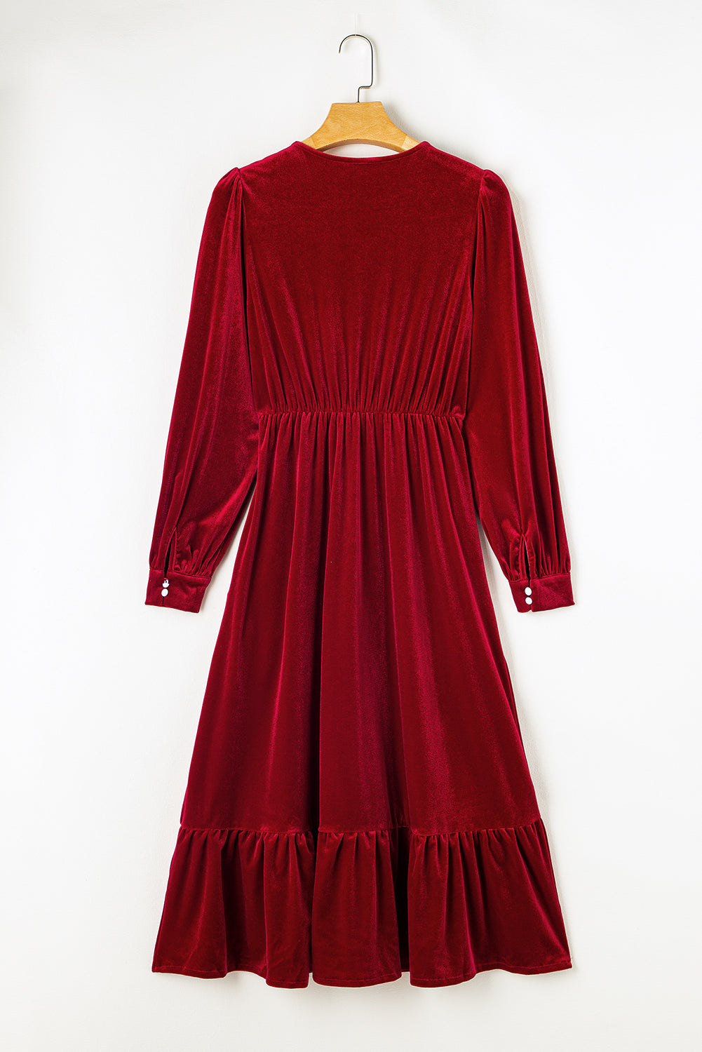 Racing Red – Midikleid aus Samt mit Knöpfen, Puffärmeln, V-Ausschnitt und Schlitz