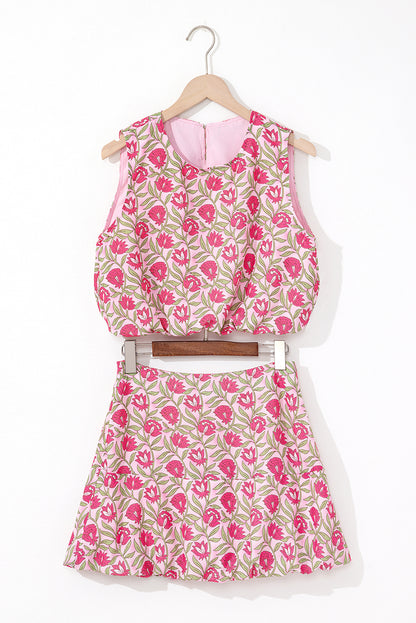 Rosa Set mit bauschigem, kurzem Tanktop und Minirock mit Blumenmuster