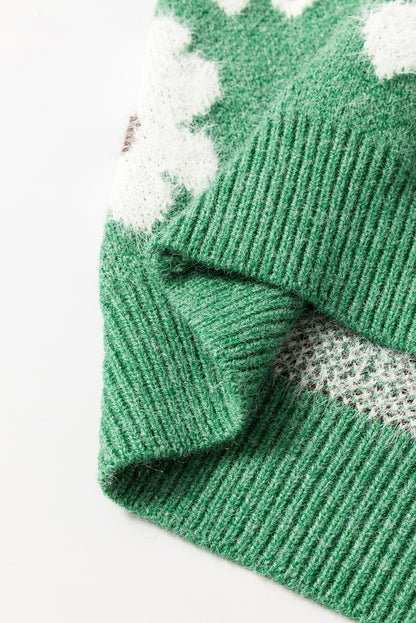 Grüner Pullover mit Blumenmuster und halblangem Reißverschluss sowie überschnittenen Schultern