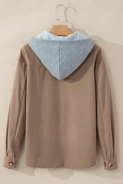 Hellkhakifarbene Cordjacke mit Kapuze, Kordelzug und Taschen