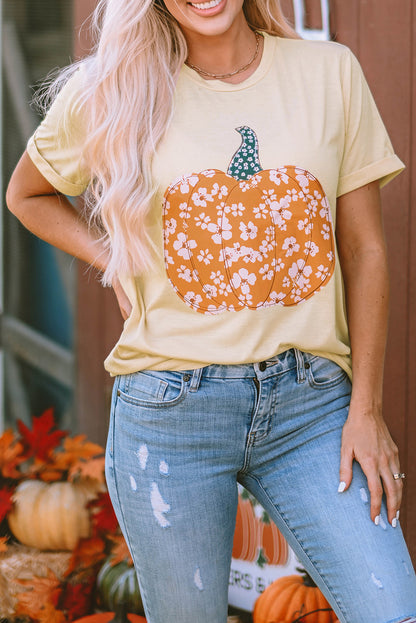 Khakifarbenes T-Shirt mit süßem Blumen- und Kürbis-Grafik