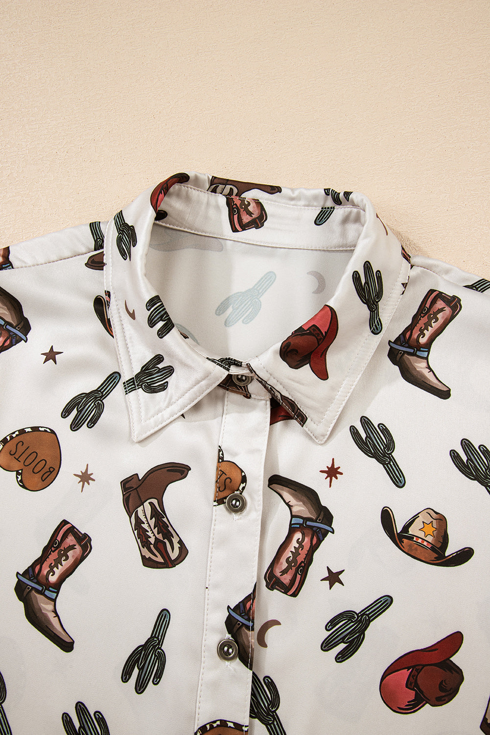 White Western Fashion Print Button Up Casual Shirt