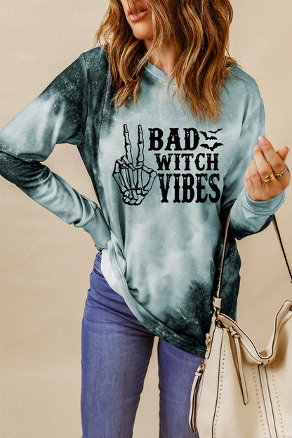 Graues Batik-Langarmshirt mit BAD WITCH VIBES-Grafik