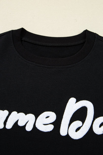 Black Chenille Game Day Graphic Drop Shoulder Sweatshirt