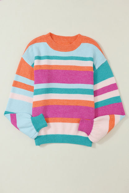 Mehrfarbig gestreifter Strickpullover mit tief angesetzten Schultern und Puffärmeln