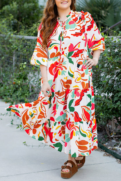 Oranges Kleid mit Blumenmuster und Kordelzug und V-Ausschnitt in Übergröße