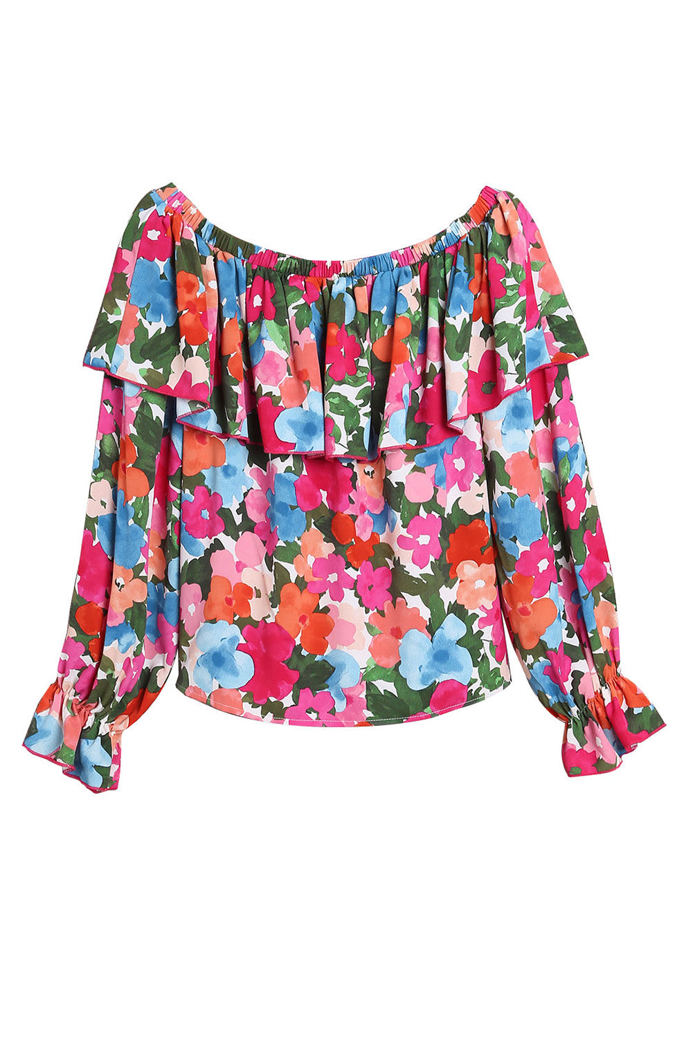 Schulterfreie Bluse mit Blumenmuster und Rüschen