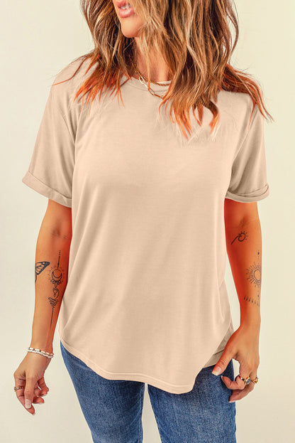 Khakifarbenes, lässiges T-Shirt mit Rundhalsausschnitt