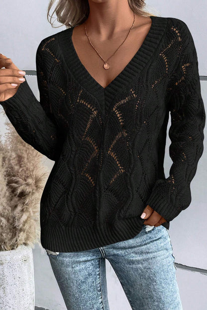 Black Hollow Out Knit V Neck Drop Shoulder Sweater