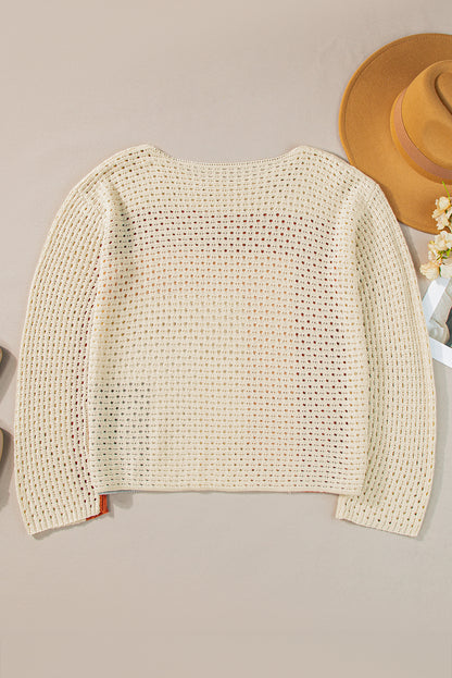 Aprikosenfarbener Pointelle-Strick-Baggy-Pullover mit Farbblockdesign