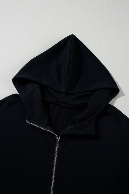 Schwarzer, kurzärmliger Hoodie mit halbem Reißverschluss und Kängurutasche