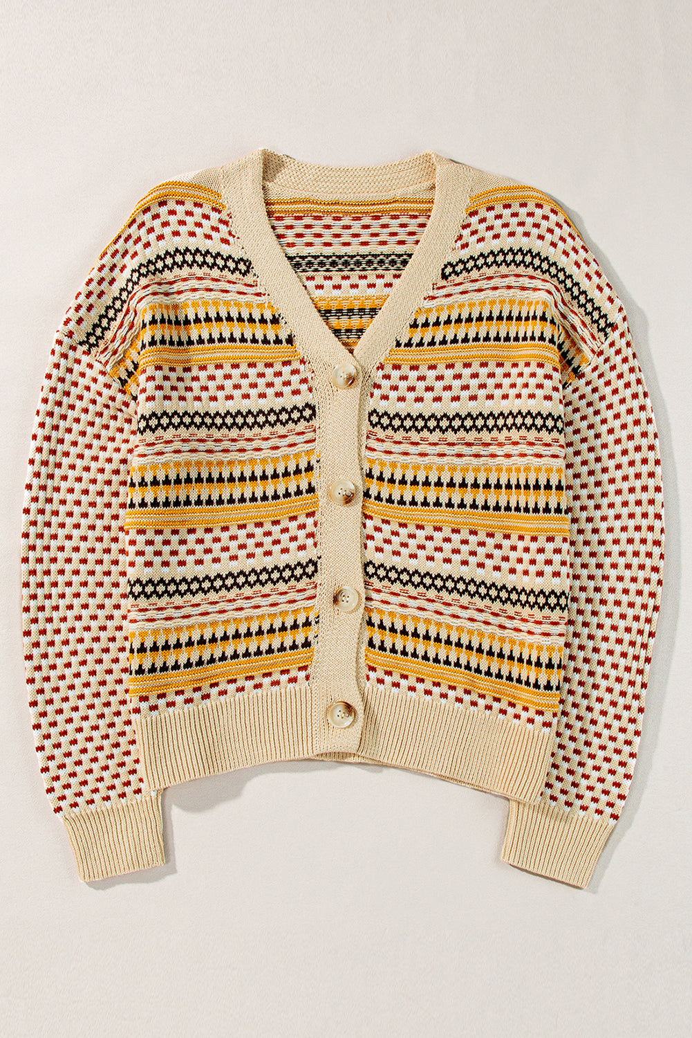 Khakifarbene, kurze Strickjacke mit V-Ausschnitt und Knöpfen