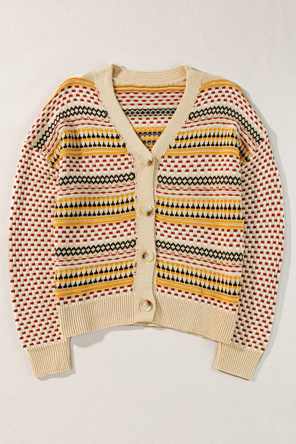 Khakifarbene, kurze Strickjacke mit V-Ausschnitt und Knöpfen