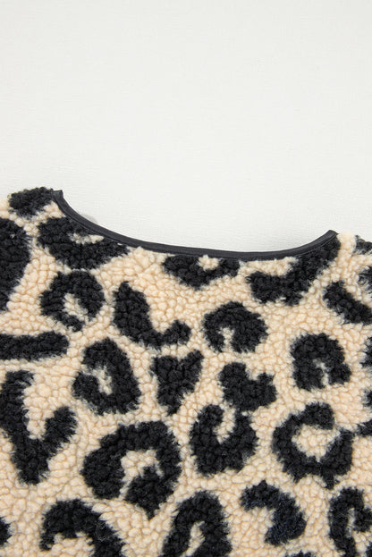 Schwarzer Sherpa-Westenmantel mit Leopardenmuster