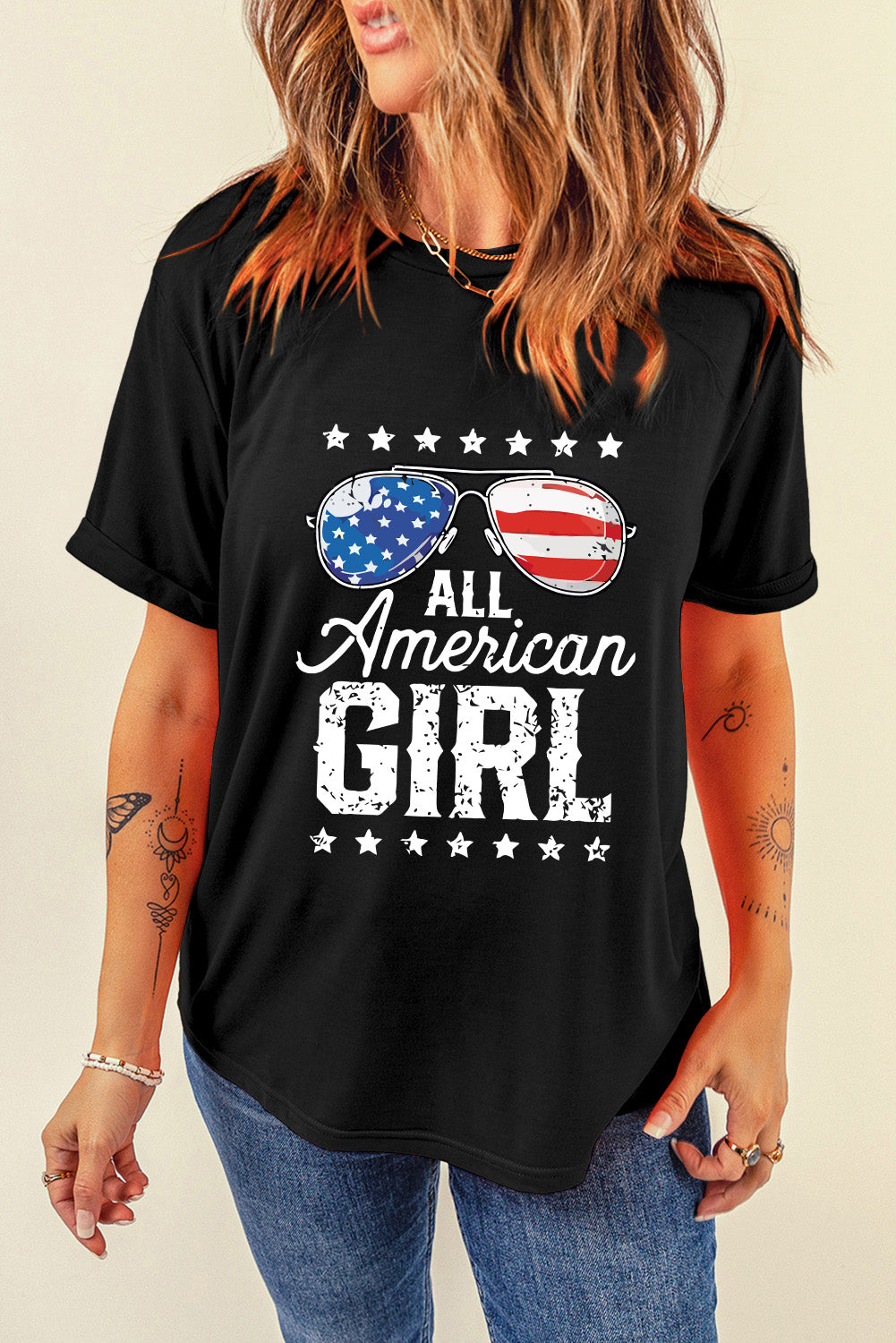 Schwarzes T-Shirt mit „Stars and Stripes Glasses“-Slogan