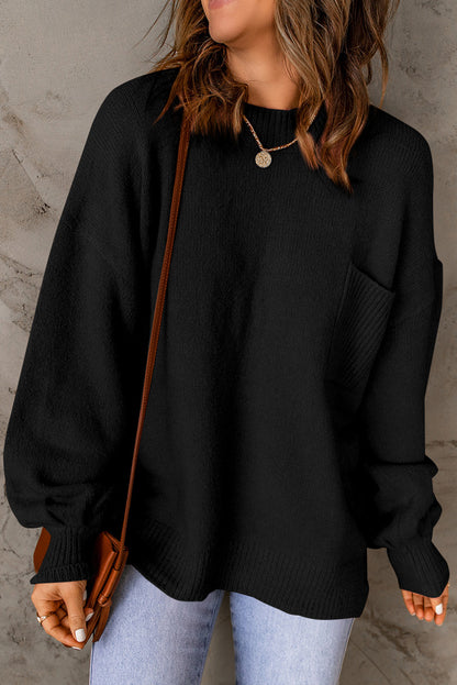 Schwarzer, einfarbiger Pullover mit Puffärmeln und Taschen