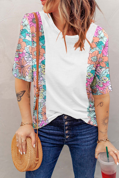 Weißes Patchwork-Kurzarm-Top mit Blumenmuster
