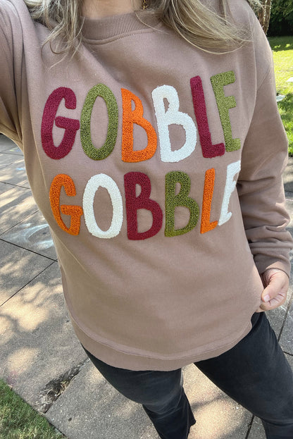 Dark Khaki GOBBLE Letter Graphic Thanksgiving Shift Sweatshirt