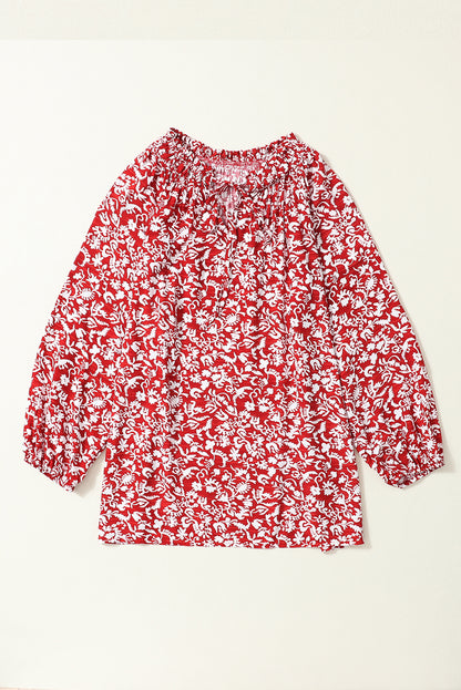 Burgunderrote Bluse mit Blumenmuster und gesmoktem Kragen und Schleife