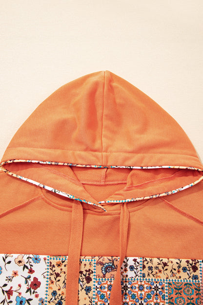 Flamingo Mix Floral Patchwork Side Slit Drawstring Hoodie