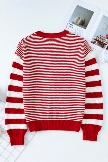 Rot gestreifter Pullover mit geometrisch strukturierter, überschnittener Schulter